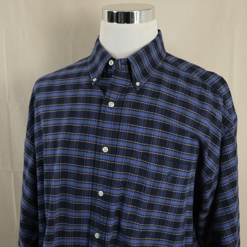 Polo Ralph Lauren XL vintage Big Shirt Button Down Blue Plaid Cotton Twill Mens